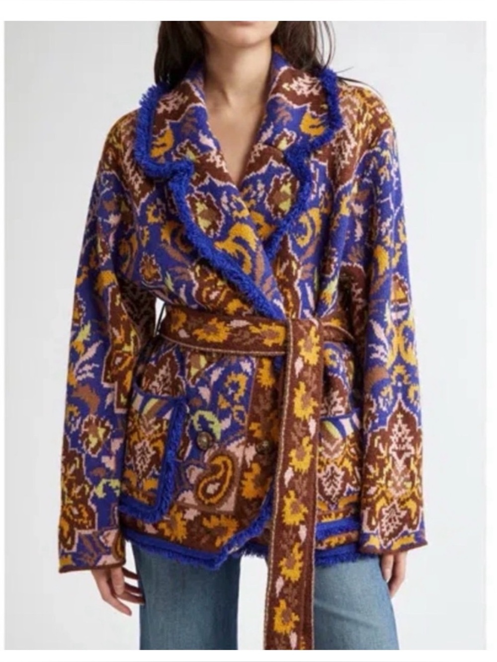 FARM Rio Glam Tapestry Belted Double-Breasted Jacquard-Knit Blazer, NEW Medium